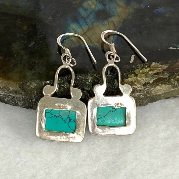 Sterling Silver 925 1.64" Rectangular Bezel Set Faux Turquoise Dangle Earrings - Picture 6 of 16